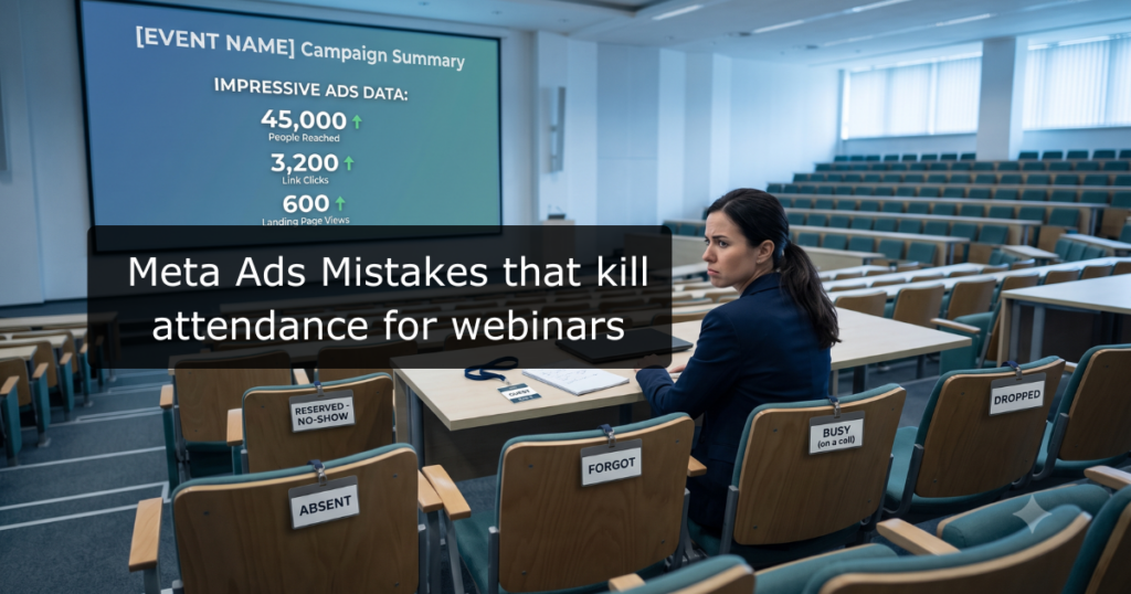 Professional reviewing Meta Ads for webinars on a laptop to optimize event registrations and increase webinar attendance.