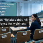 Professional reviewing Meta Ads for webinars on a laptop to optimize event registrations and increase webinar attendance.