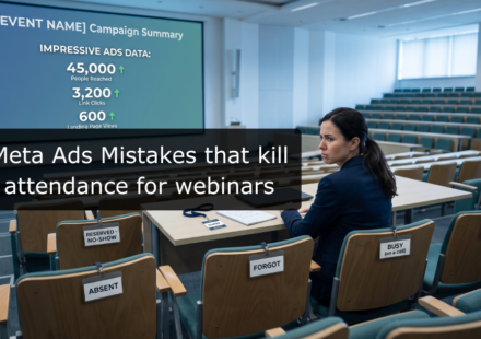 Professional reviewing Meta Ads for webinars on a laptop to optimize event registrations and increase webinar attendance.
