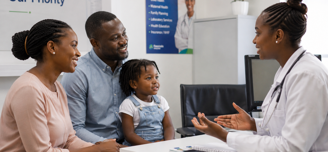 Kenyan family accessing SHA healthcare benefits at a health facility in 2026.