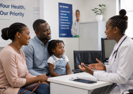 Kenyan family accessing SHA healthcare benefits at a health facility in 2026.