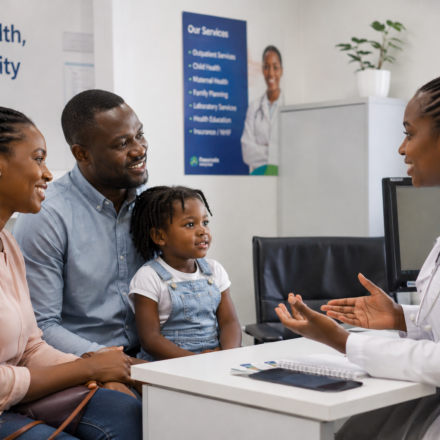 Kenyan family accessing SHA healthcare benefits at a health facility in 2026.